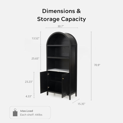 EYYTHUNG 71" Tall Arched Cabinet Modern Farmhouse 5-Tier Arched Bookcase Storage Display Cabinet with Faux Marble Top, Natural Oak