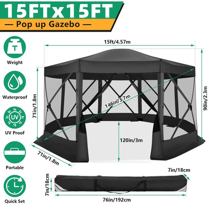 COBIZI 8x8 Pop up Gazebo Tent, Ez up Waterproof Screen Tent Screen House, Portable Outdoor Canopy Sun Shelter with 3 Sidewalls, Carry Bag & Ground Stakes for Camping, Garden and Picnics, Gray