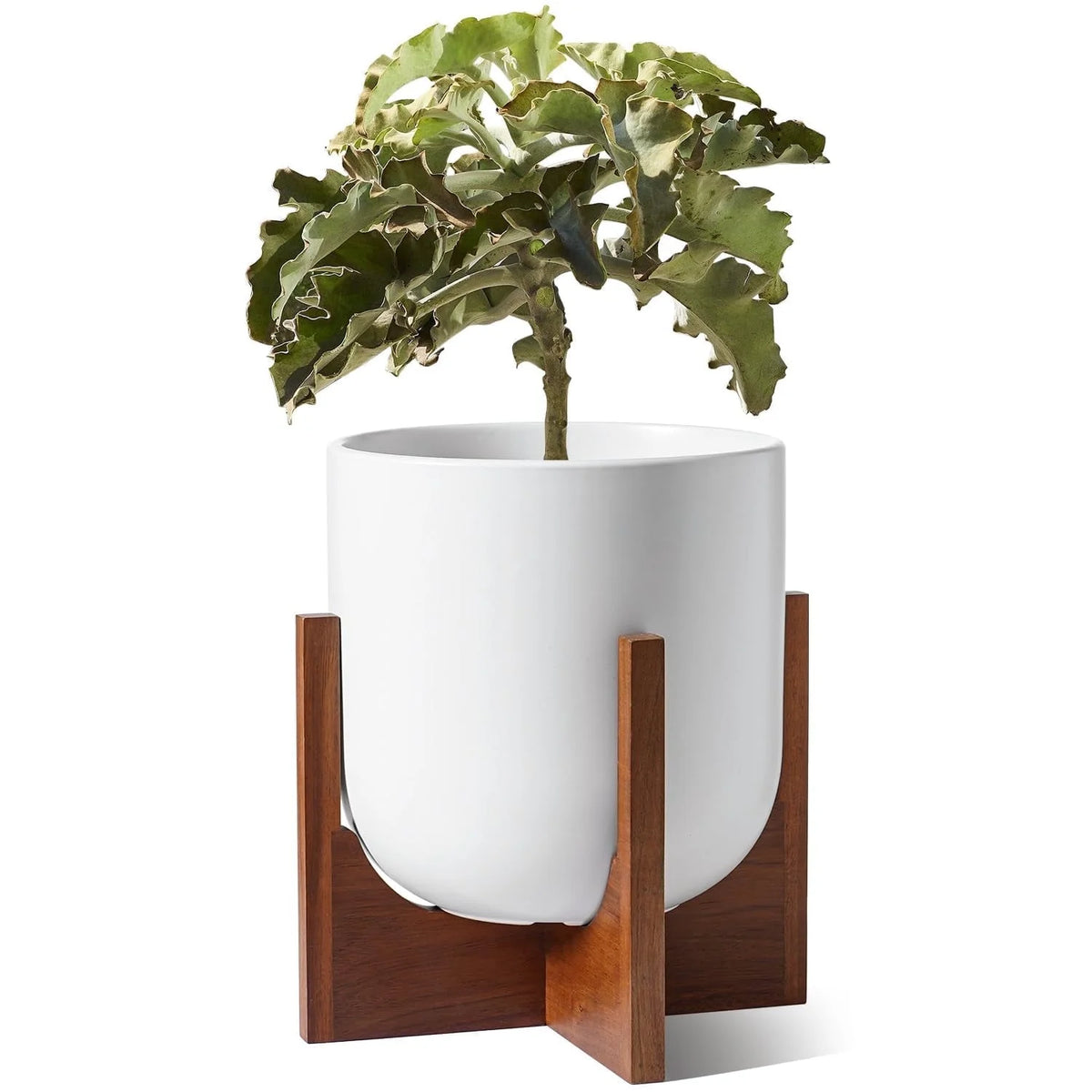 BEMAY 12" White Ceramic Planter with Wood Stand, Large Indoor Plant Pot and Flower Pot for Tall Plants and Houseplants, Mid Century Modern Decor