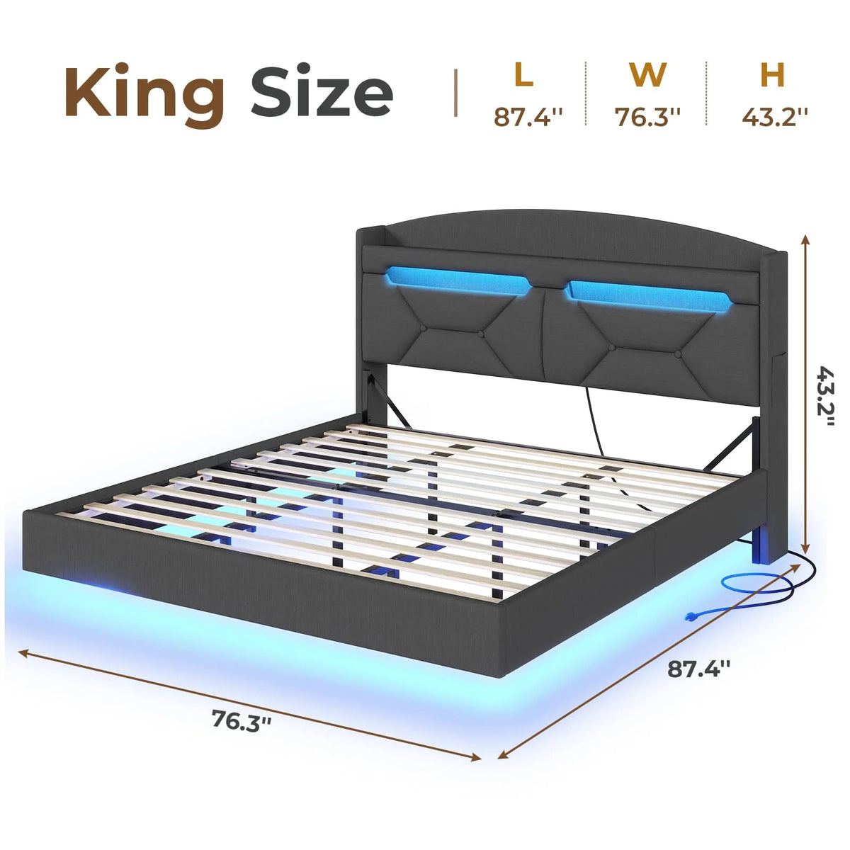 King Size Bed Frame with Storage Headboard and LED Lights,Upholstered Platform Bed with USB Port Charging,Headboard with Shelves Hidden Storage,Noise-Free,Dark Grey