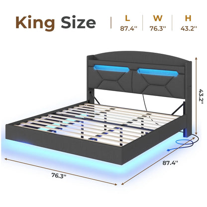 King Size Bed Frame with Storage Headboard and LED Lights,Upholstered Platform Bed with USB Port Charging,Headboard with Shelves Hidden Storage,Noise-Free,Dark Grey