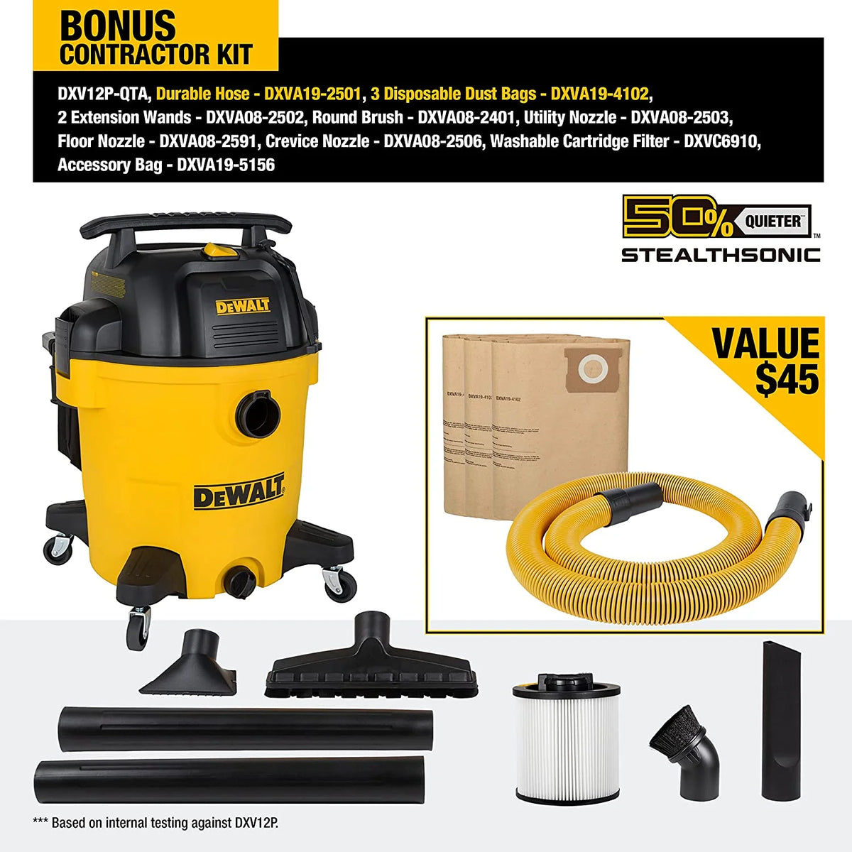 DEWALT 12 Gallon STEALTHSONIC Ultra Quiet Poly Wet Dry Vacuum, DXV12P-QTA Newest Noise Reduction Vac, 5.5 Peak HP Shop Vacuum for Jobsite/Workshop, Reduce Motor Noise, Yellow