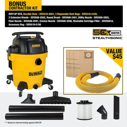 DEWALT 12 Gallon STEALTHSONIC Ultra Quiet Poly Wet Dry Vacuum, DXV12P-QTA Newest Noise Reduction Vac, 5.5 Peak HP Shop Vacuum for Jobsite/Workshop, Reduce Motor Noise, Yellow