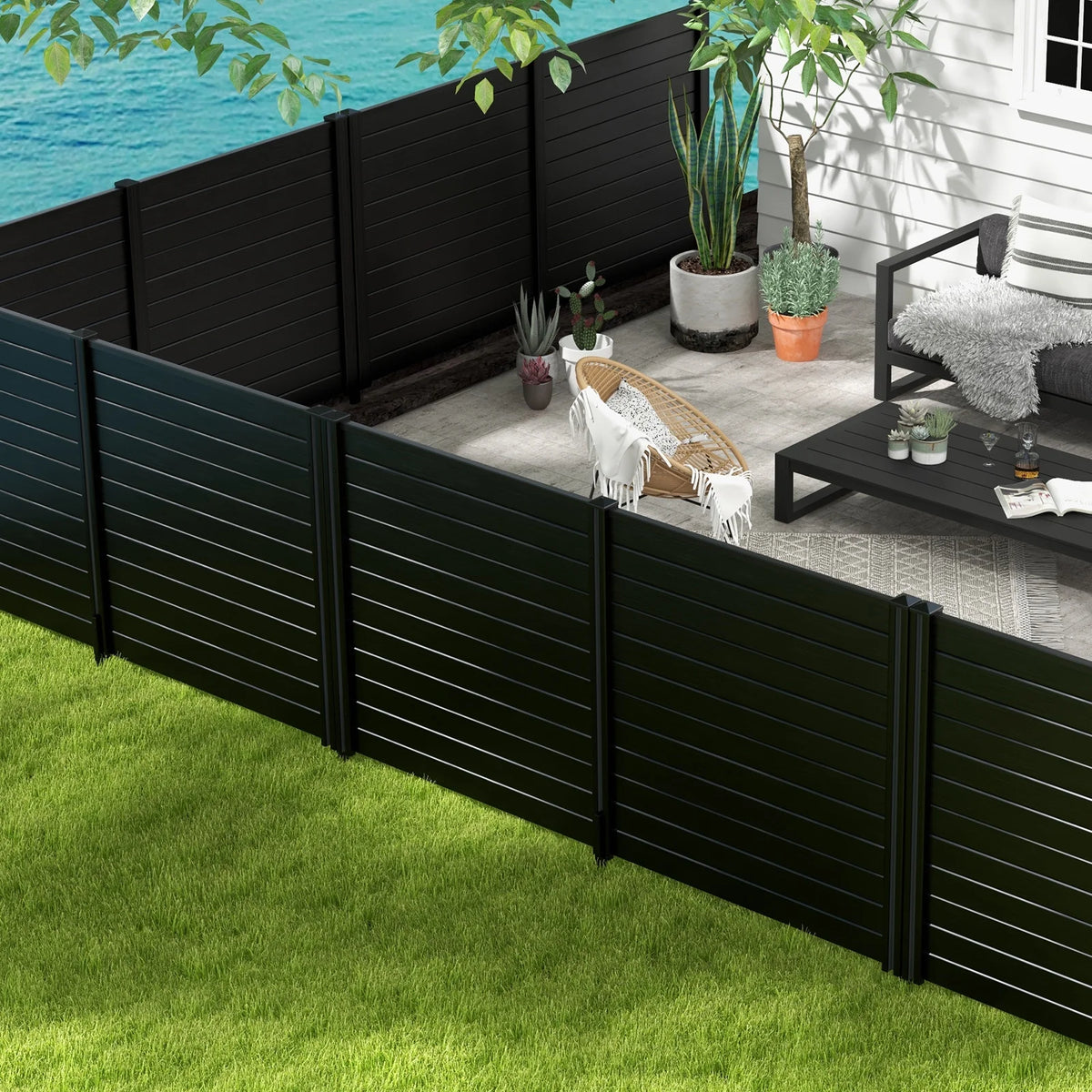 Gymax Outdoor PVC Privacy Panels 2-Pack Picket Fence W/ 3 Cuspidal Foot Stakes Black