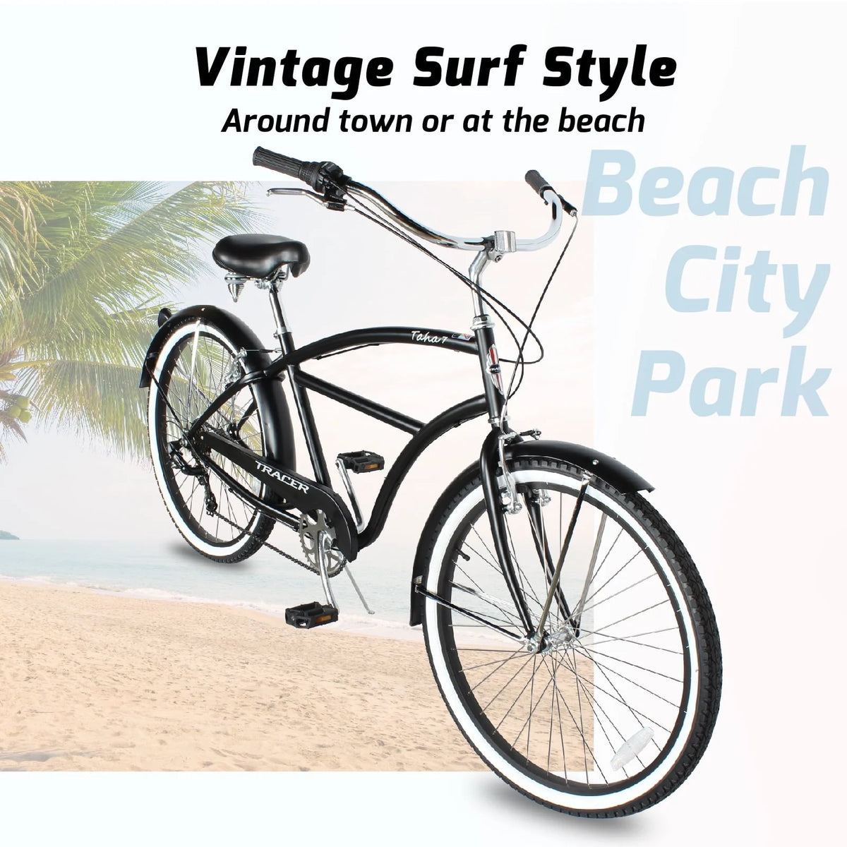 TRACER TAHA Beach Cruiser Bike for Men,26 Inch Wheels, Hi Ten Steel Frame, 7 Speed, Hybrid Bike for Adults, Complete Cruiser Bikes, Coaster Brake, Matte Black