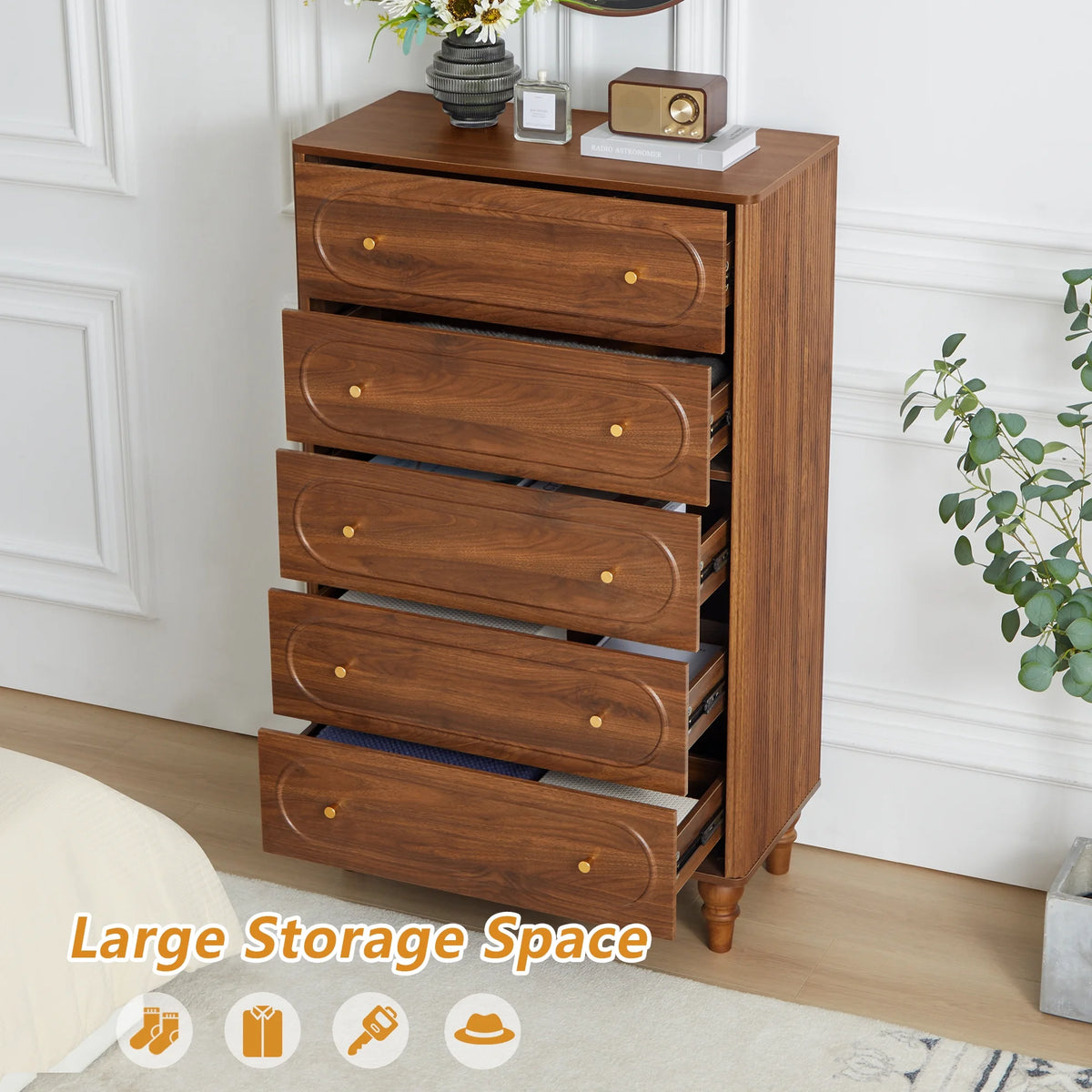 YOCWO 3 Drawer Nightstand, Classic Chest of Drawers with Arc Edge, Walnut