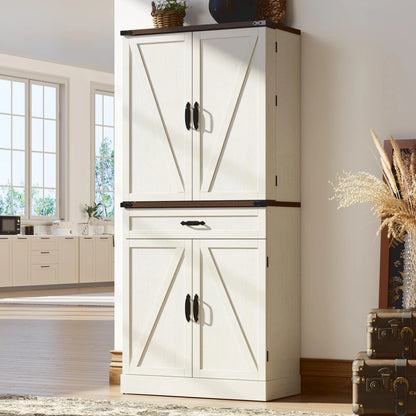 71" Tall Farmhouse Kitchen Pantry with 12 Side Shelves & Adjustable Shelves, 5 Layers Pantry Storage Cabinet w/Load-Bearing Steel Pipe & 4 Barn Doors for Kitchen, Dining Room, Living Room, Brown