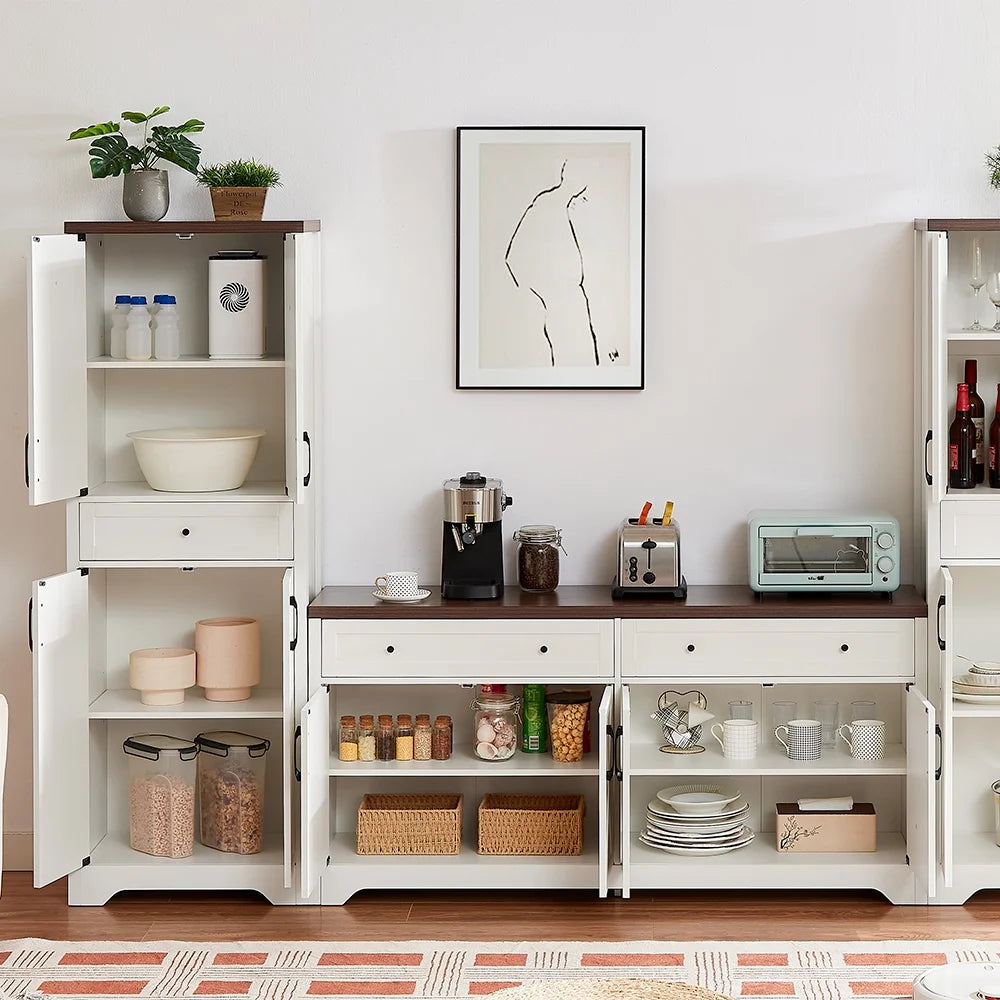 TrumanPick 61"H Large Buffet Sideboard Cabinet, TV Cabinet, Kitchen Pantry for Dining Room, Living Room, 61.3''L x 15''W x 29.8''H, White/Walnut