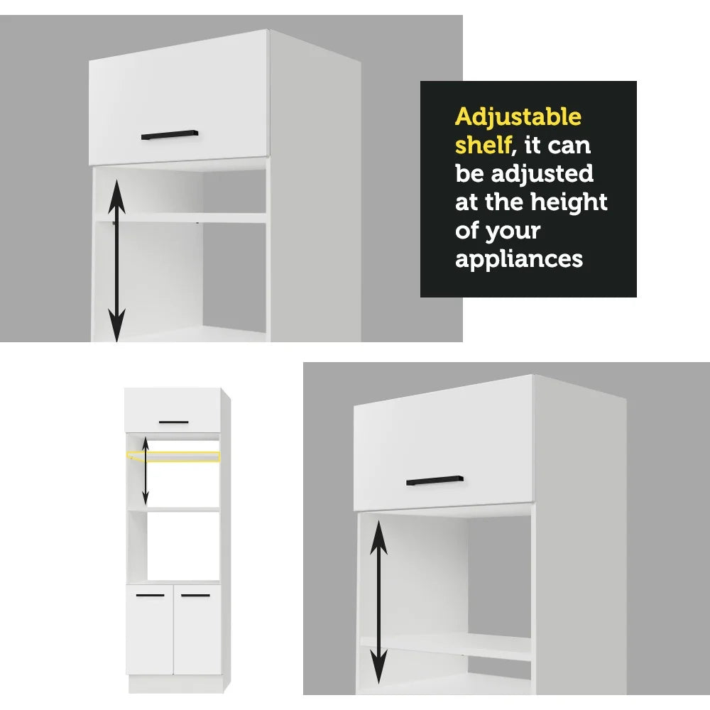 Madesa Full Set Hazel Kitchen Storage Cabinet 107 Inch Wooden Organization Unit with Multiple Compartments Engineered Wood Slab Doors Painted Finish Floor Mount Removable Plinth - White/Brown