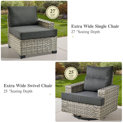 Ovios 10 Pieces Outdoor Patio Furniture Modern High-Back All-Weather Wicker Sectional Conversation Set with Propane Fire Pit Table & Swivel Chair, Dark Gray