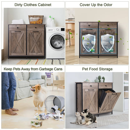 Pirecart 20 Gallon Double Tilt Out Trash Cabinet Wood Hidden Storage Cabinet, Recycling Cabinet with 2 Drawers, Black