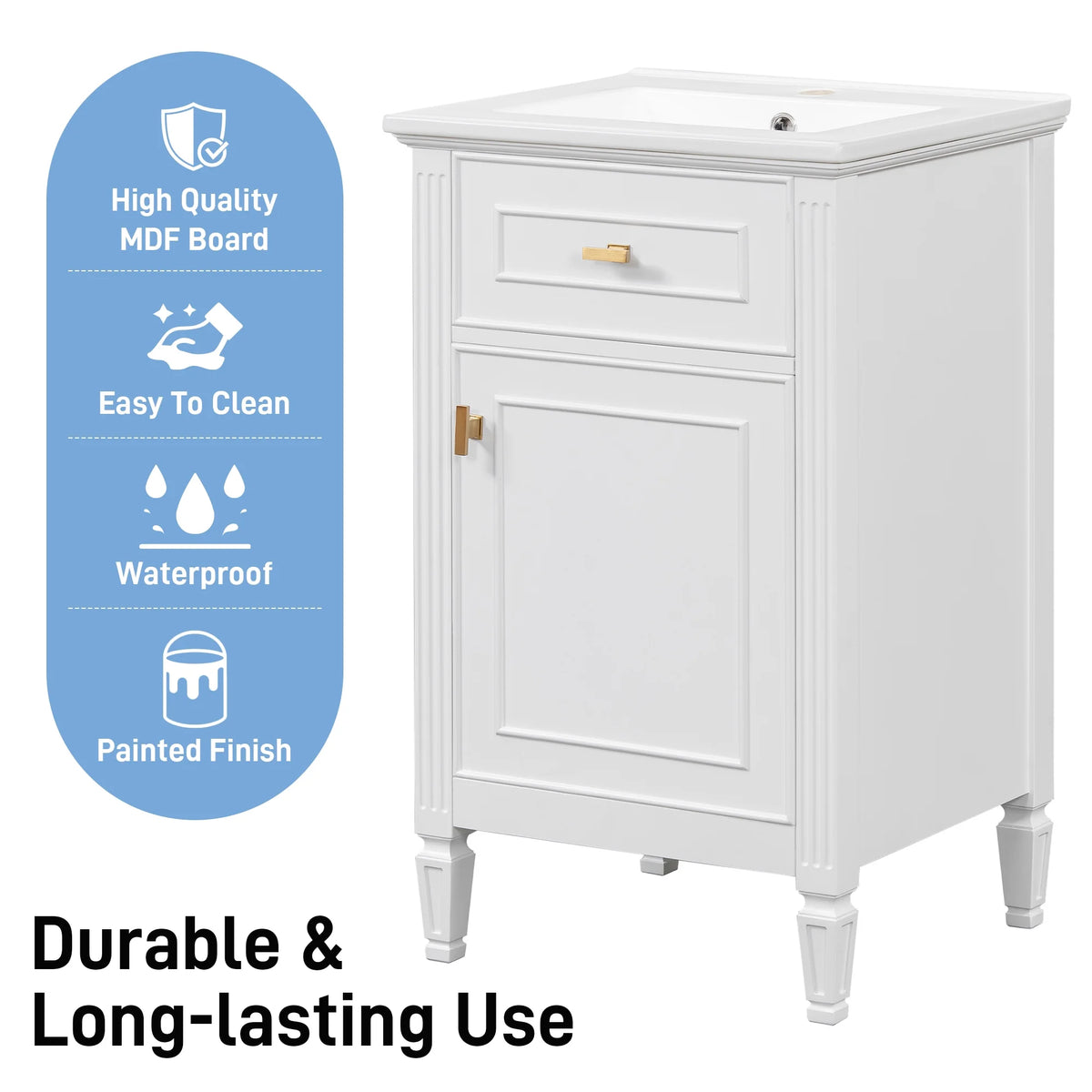 Euroco 20" Bathroom Vanity with Integrated Ceramic Sink, Soft-Close Hinges and Drawer Storage, Solid Wood Legs