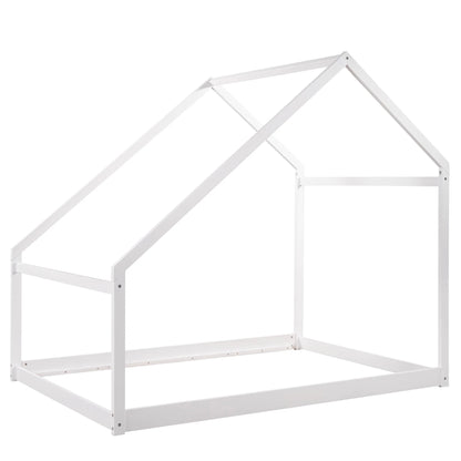 Full Size House Bed, Wooden Floor Bed Frame with Roof for Toddlers Kids Girls Boys, Can be Decorated, White 77.8"L x 56.8"W x73.2"H