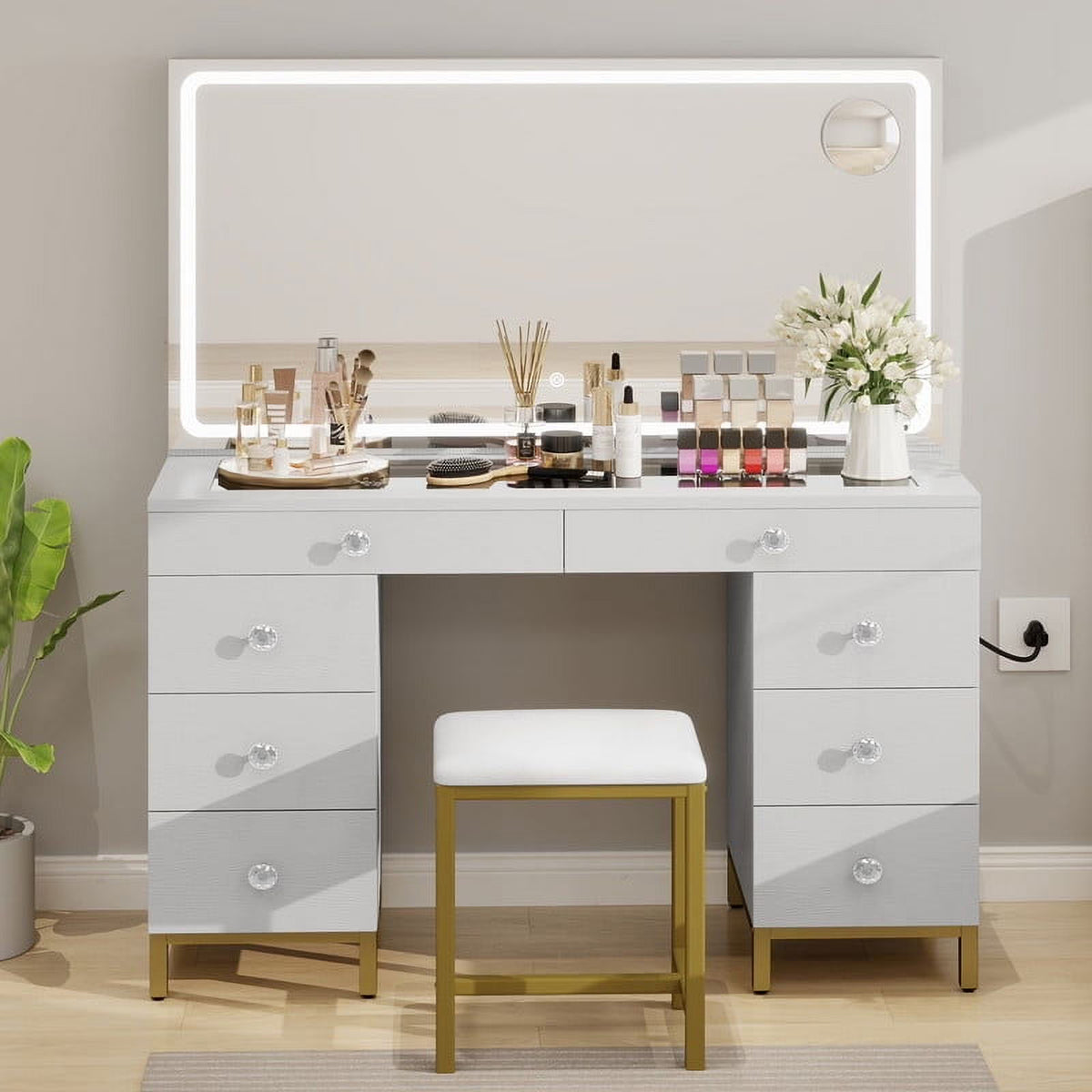 Uforic 55" Vanity Desk with Lighted Mirror & Power Outlet & 8 Drawers, Modern Makeup Vanity Table Set with Storage Stool, White