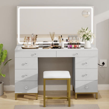 Uforic 55" Vanity Desk with Lighted Mirror & Power Outlet & 8 Drawers, Modern Makeup Vanity Table Set with Storage Stool, White