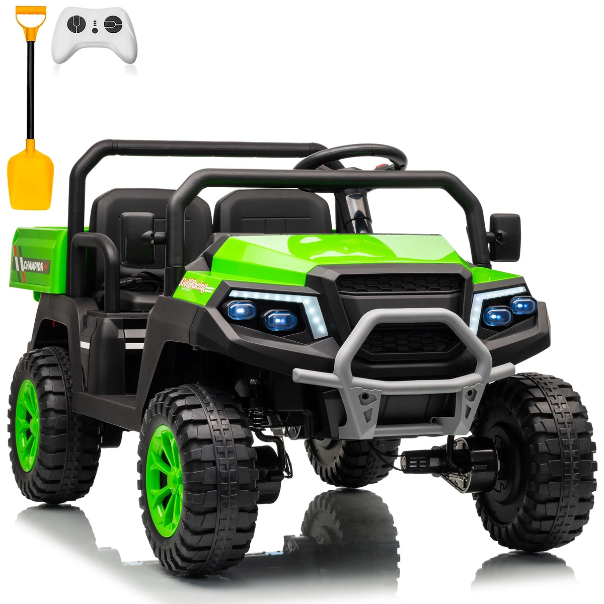 Joyracer 4WD 24 Volt Ride on Toys UTV with 2 Seater & Remote Control, Kids Electric Golf Cart w/ 4x200W Power Motors, Tiltable Trailer & Shovel, 4 Wheels Spring Suspension, Bluetooth USB Music, Black