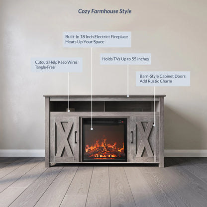 BELLEZE 58 Inch TV Stand, Contemporary Entertainment Center for TVs up to 65", Wood Media Console Table with Two Open Shelves and Barn Door Cabinets - Corin (White)