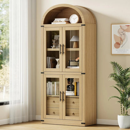 Arched Kitchen Pantry Storage Cabinet with 2 Drawers, 71-Inch Tall Farmhouse Wood Bookcase with 4 Doors for Kitchen Dining Room Bathroom