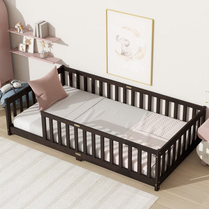 Miniyam Wooden Twin Size Floor Bed with Safety Fence for Kids, Natural