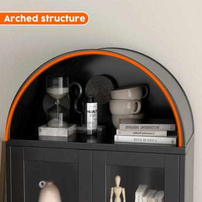 SUPEER Metal Arched Storage Display Cabinet with Glass Doors and Adjustable Shelves, Lockable Cabinet, Assembly Required, Black