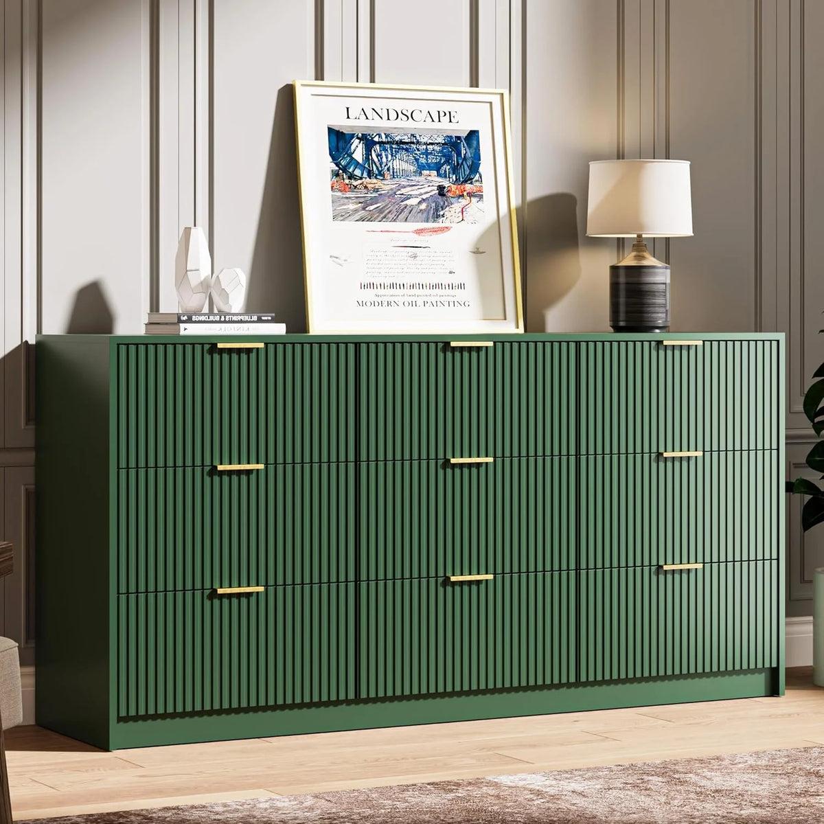 Furniway Fluted Large 9-Drawer Black Dresser