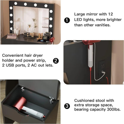 Vanity Table Set with Lighted Mirror,Makeup Vanity with Lights, Large Drawer Sturdy Wood Vanity, White