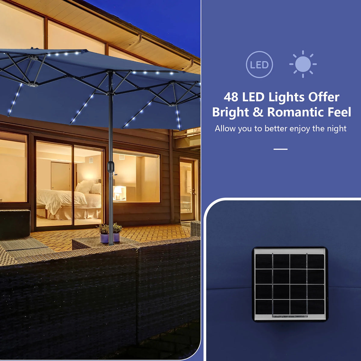 Costway 15FT Twin Patio Double-Sided Umbrella 48 Solar LED Lights Crank Outdoor Beige