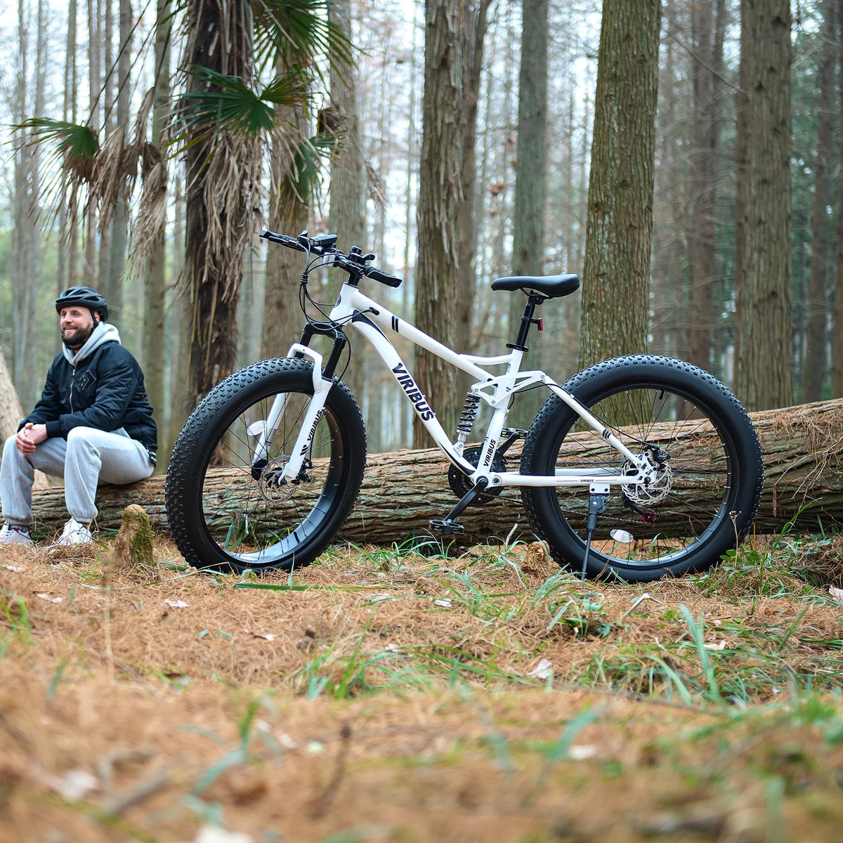VIRIBUS 26" Fat Tire Mountain Bike Full Suspension Bike with 21 Speeds Disc Brakes White