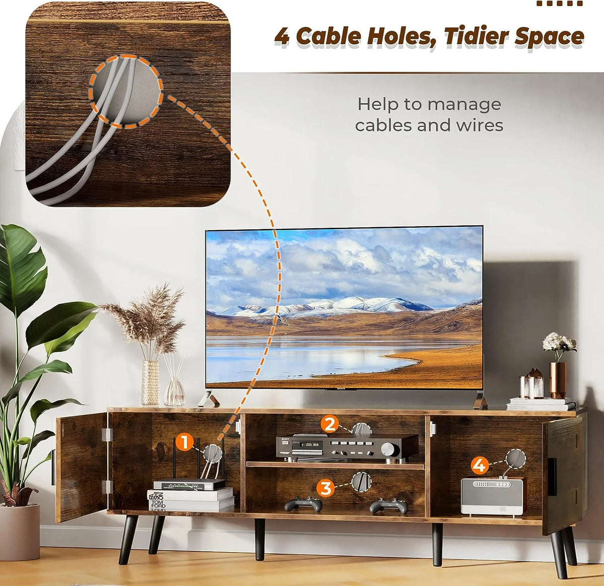 LL TV Stand for 55 Inch TV, Entertainment Center with Adjustable Shelf, 2 Cabinets, TV Console Table, Media Console, Solid Wood Feet, Cord Holes, for Living Room, Bedroom, White