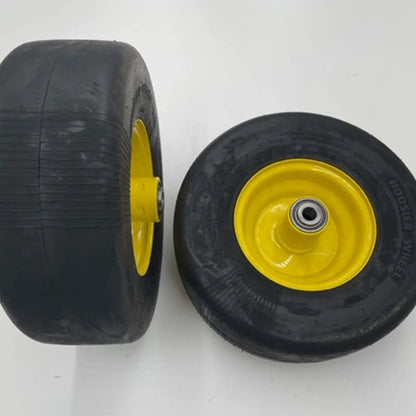 SET of 2 - 13x5.00-6 Flat Free Yellow Lawn Mower Wheel Assembly - 5/8 Inch Hub