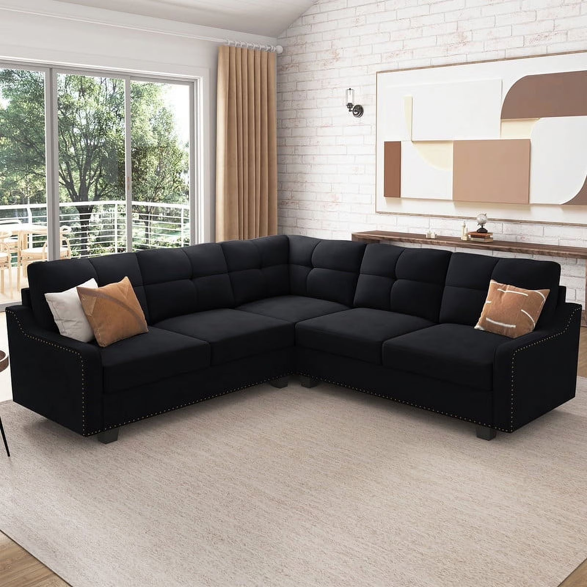 HONBAY Rivet Corner Sofa L-Shaped Sofa Couch Reversible 4-Seater Couch for Living Room and Apartment, Dark Blue