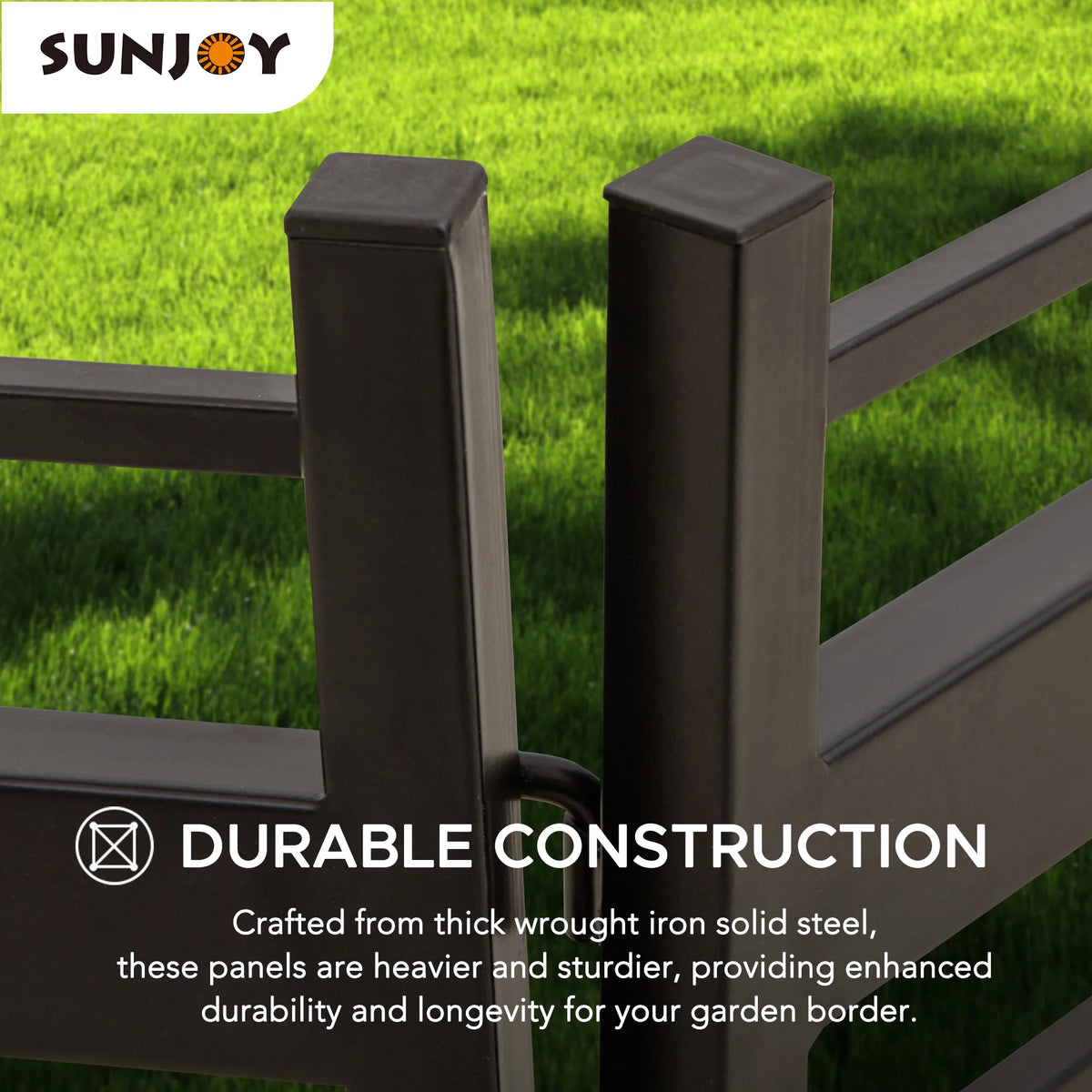 SUNJOY Garden Fence Solar Border Fencing with Waterproof LED Path Lights, Metal Strip Pattern Fence Panel Outdoor Decorative Garden Fences(5PK), Brown