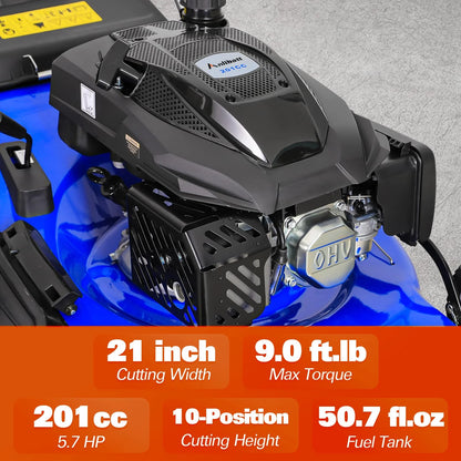 Anlibatt 21 Inch Gas Lawn Mower, Gasonline Lawnmower Walk-Behind Push Mowers With Bagging 201cc 5.7HP 4-Cycle OHV Engine, Adjustable Cutting Height Gas Powered Lawnmower
