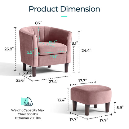 LINSY HOME Accent Chair Set of 2, Velvet Accent Chair with Ottoman for Living Room, Blue