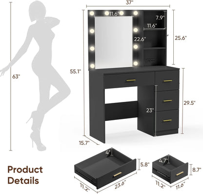 Makeup Vanity with Mirror and 3 Color Lights,Vanity Dressing Table with USB Charging Station,4 Drawers,Open Storage Shelves,White