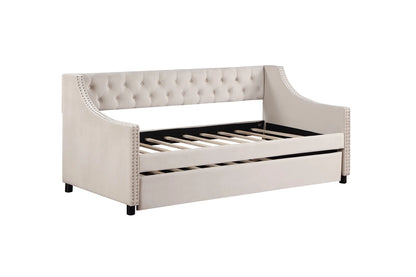 Daybed with Trundle, Twin Size Velvet Upholstered Daybed Frame with Tufted Button Back & Copper Nail on Arms, Wood Sofa Bed Frame for Living Room Bedroom, No Box Spring Needed, Grey