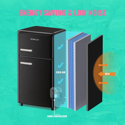 DEMULLER 3.5 Cu. ft Mini Fridge Double Door  Refrigerator  7 Adjustable Temperature Control Black