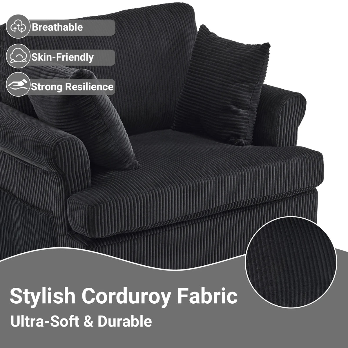 Ktaxon Swivel Accent Chair, 360-Degree Rotation Reading Chair, Corduroy Fabric Sofa with Armrest Pockets, Solid Metal Base, Perfect for Living Room Bedroom Black