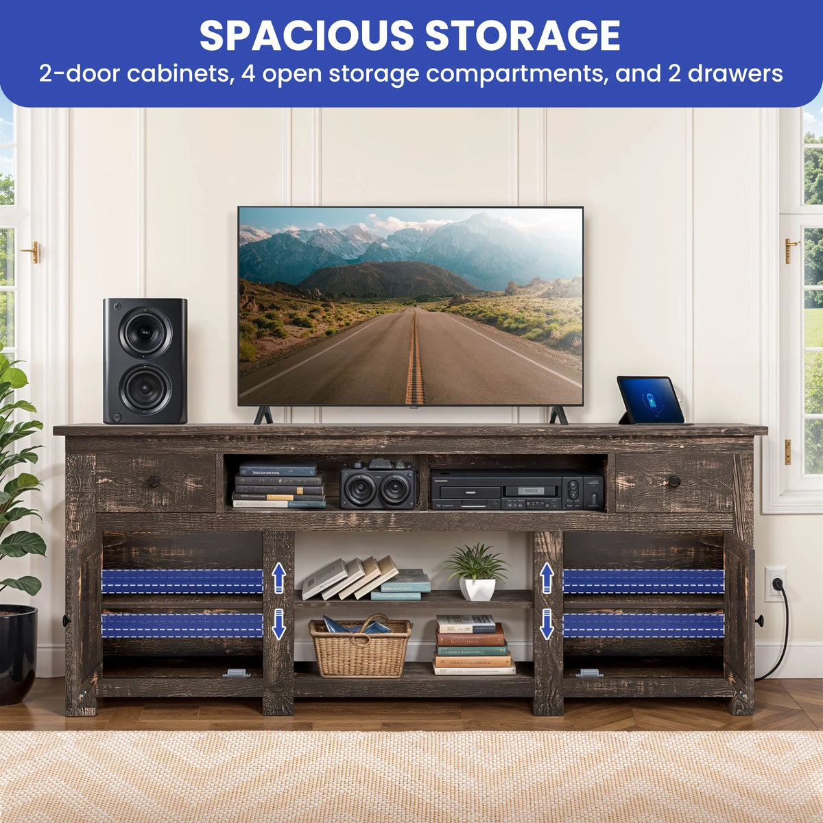 Uforic Farmhouse TV Stand for 75/80 Inch TV, Rustic Entertainment Center with Power Outlet, Storage Drawers, TV Console for Living Room, Oak