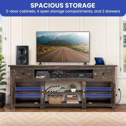 Uforic Farmhouse TV Stand for 75/80 Inch TV, Rustic Entertainment Center with Power Outlet, Storage Drawers, TV Console for Living Room, Oak