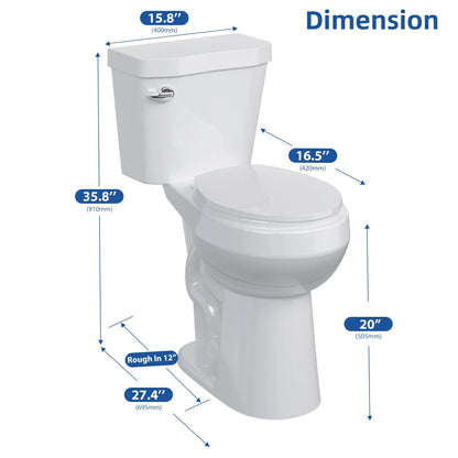 TROPOW Toilet, Two-Piece Toilet, ADA Toilet with Dual Flush, Elongated Toilets for Bathrooms with Soft Close Seat, Universal Height,White