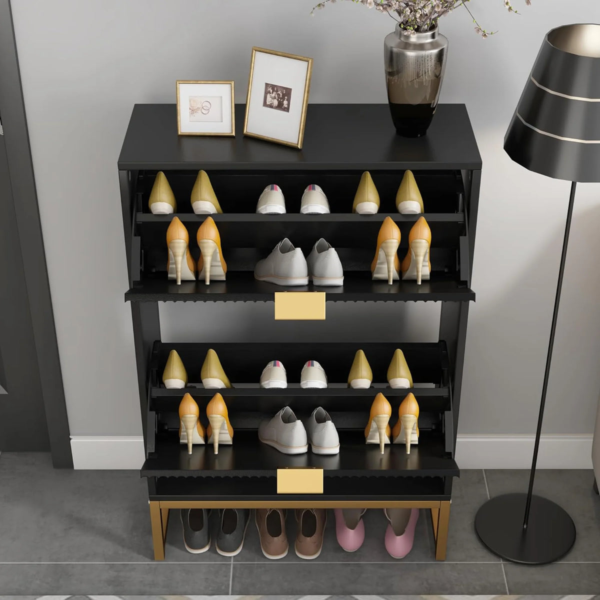 Oubayajia Modern Shoe Storage Cabinet, Wood Shoe Rack Organizer with 2 Flip Drawers, Freestanding Narrow Shoe Cabinet for Entryway Hallway, Natural
