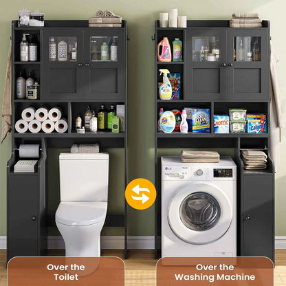 Over The Toilet Storage Cabinet with 3 Doors, Farmhouse Space Saver for Bathroom Organizer with Paper Holder, 10 Shelves and Hooks, 7-Tier Over Washing Machine Cabinet for Laundry, Bathroom, Natural