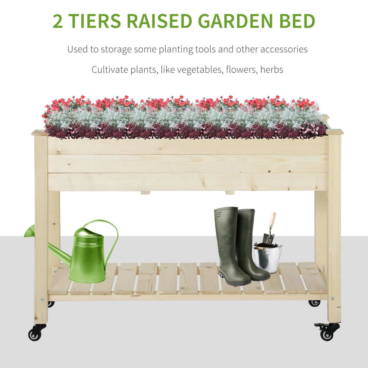Outsunny 47" x 21" Raised Garden Bed Elevated Wooden Planter Box w/ Lockable Wheels, Storage Shelf and Bed Liner for Backyard, Patio, Dark Gray
