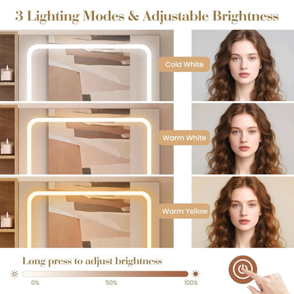 M optimized Vanity Desk with Mirror and Lights, Power Outlets Makeup Table with Drawers & Cabinet, Storage Stool, Dressing Table for Bedroom