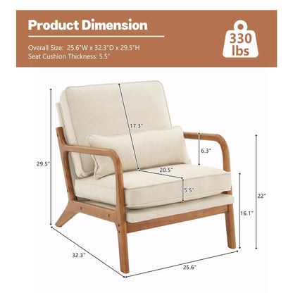 Accent Chairs, Single Linen Lounge Reading Armchair with Solid Wood Frame, Mid Century Modern Easy Assembly Arm Chairs for Living Room-Beige