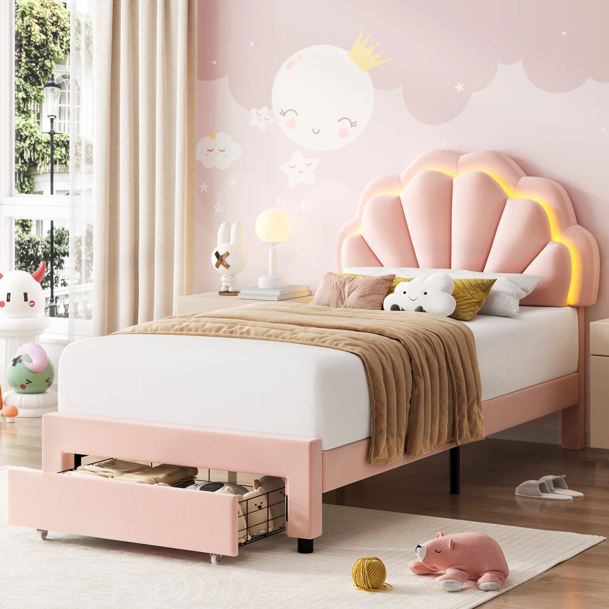 Homfa Twin Bed Frame with Storage & LED Light, Velvet Upholstered Platform Twin Bed with Adjustable Petal Headboard, Beige
