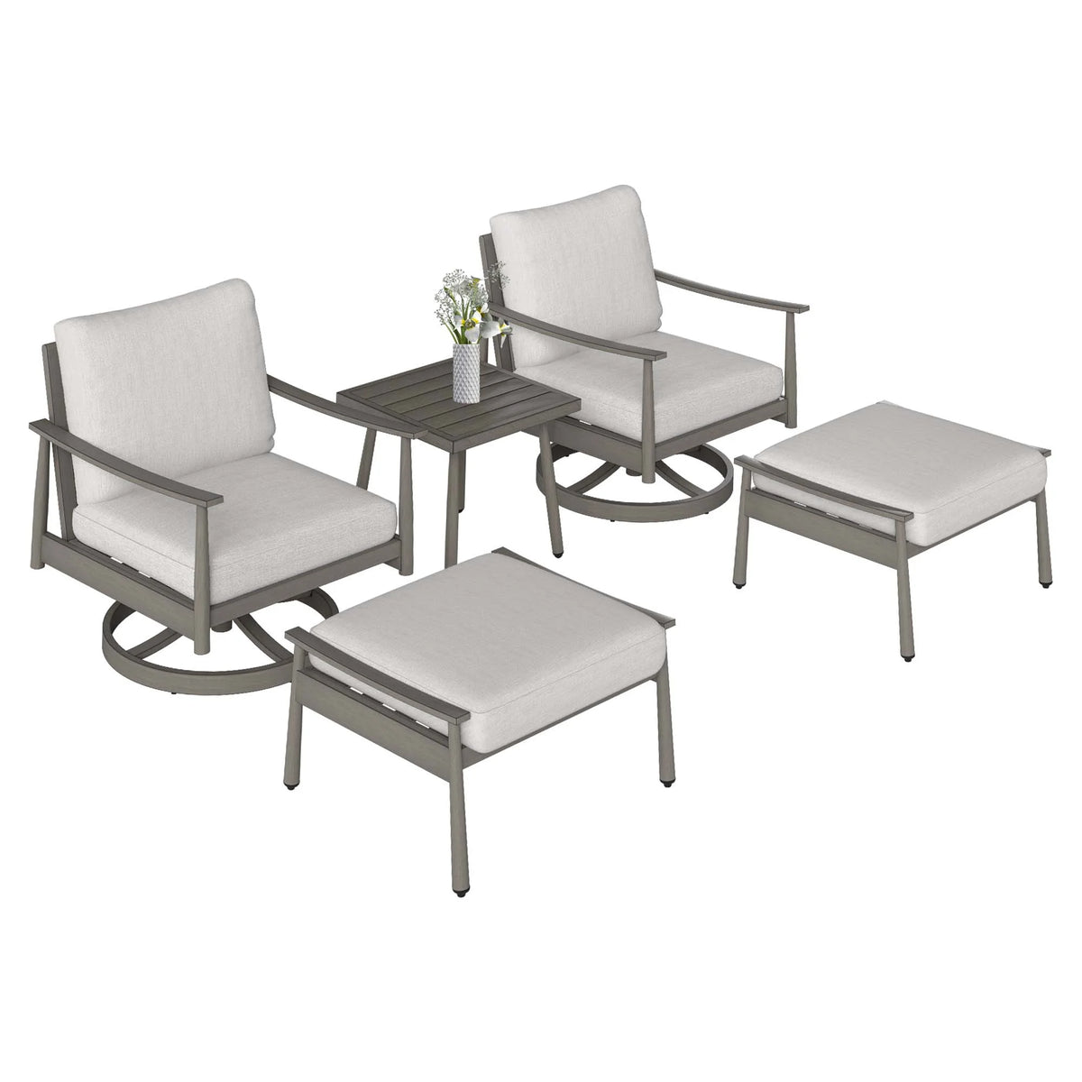 HAPPATIO Aluminum Outdoor Furniture Set - 5 Pieces Patio Furniture Set Includes 1 Side Table, 2 Swivel Chairs and 2 Ottomans with Thick Cushion, Patio Conversation Set for Backyard Poolside (Grey)