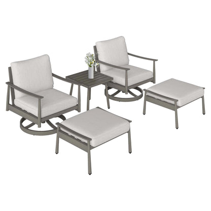 HAPPATIO Aluminum Outdoor Furniture Set - 5 Pieces Patio Furniture Set Includes 1 Side Table, 2 Swivel Chairs and 2 Ottomans with Thick Cushion, Patio Conversation Set for Backyard Poolside (Grey)
