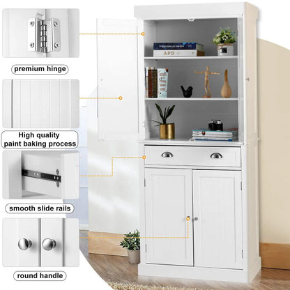 Yoleny Kitchen Pantry, 72” Freestanding Storage Cabinets with Doors and Shelves, Elegant Colonial Design Cabinet Cupboard, White